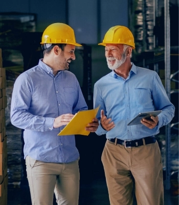 Supply-Chain-Spezialisten besprechen Projekt in Lagerhalle