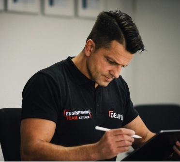 DEUFOL-Mitarbeiter analysiert Projektstatus mit Tablet